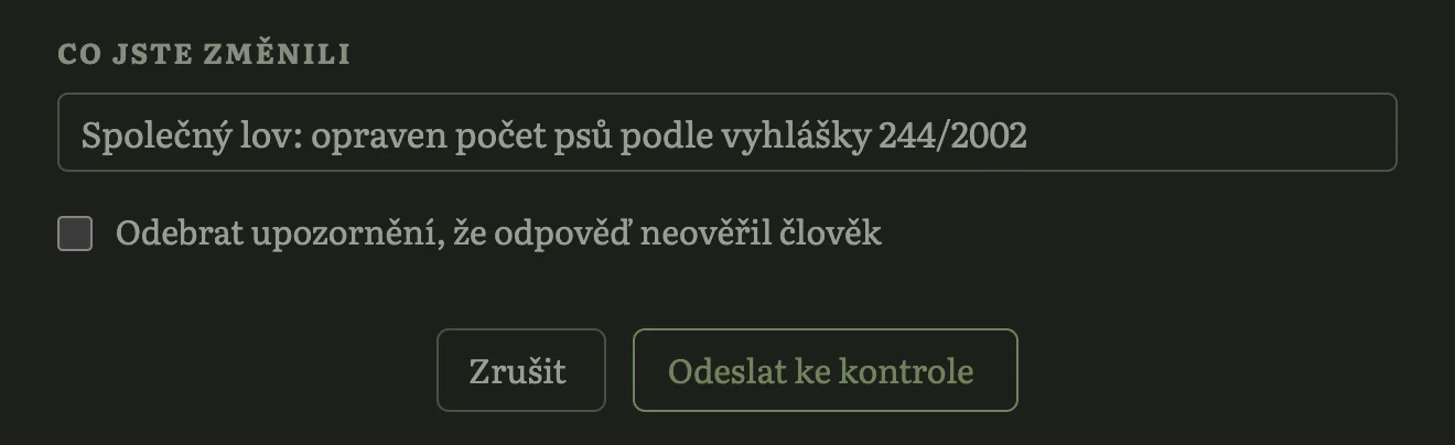 Pole Co jste změnili s vyplněnou větou, pod ním zaškrtávací políčko a tlačítka Zrušit a Odeslat ke kontrole