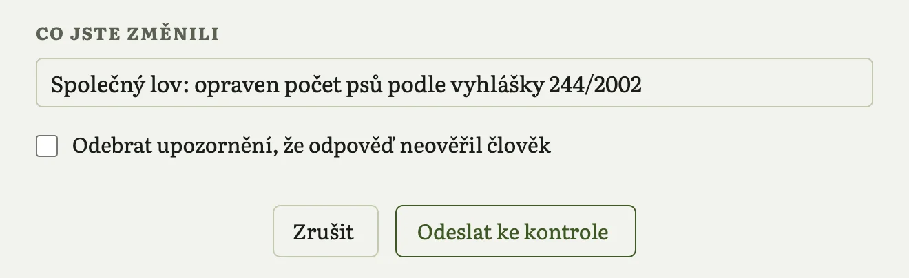 Pole Co jste změnili s vyplněnou větou, pod ním zaškrtávací políčko a tlačítka Zrušit a Odeslat ke kontrole