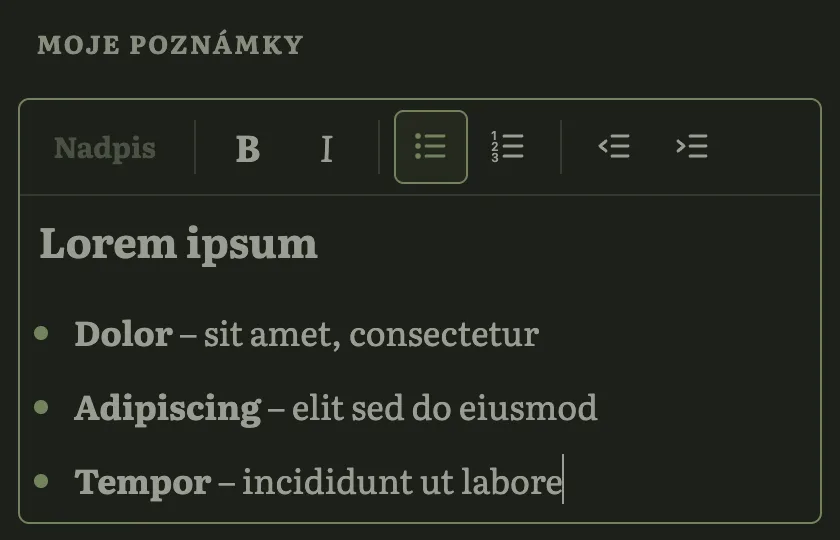 Pole Moje poznámky pod odpovědí o lišce: nadpis a tři odrážky