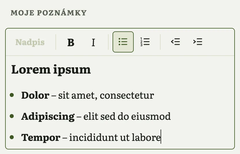 Pole Moje poznámky pod odpovědí o lišce: nadpis a tři odrážky