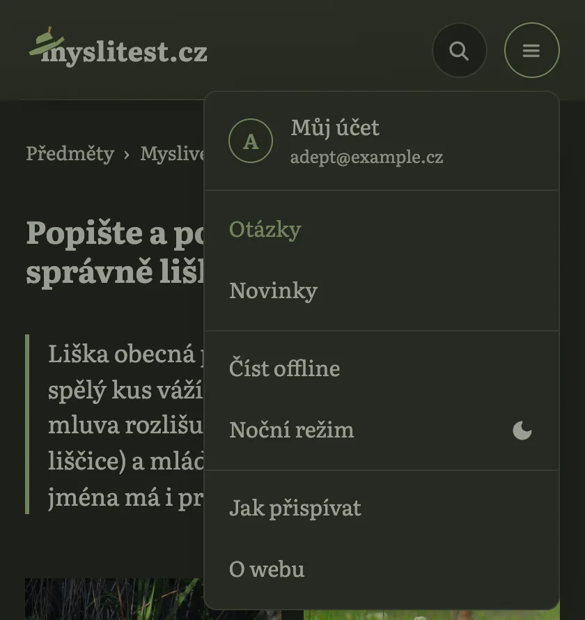 Menu s položkou Můj účet a e-mailem přihlášeného adepta