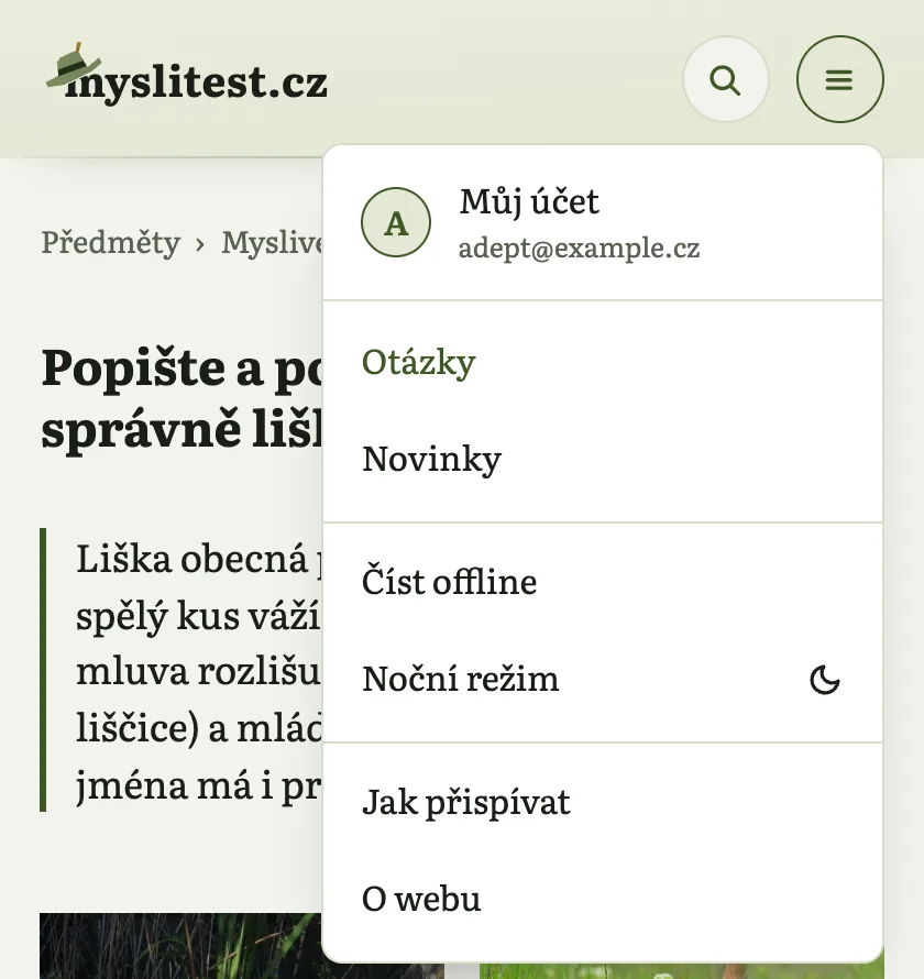 Menu s položkou Můj účet a e-mailem přihlášeného adepta