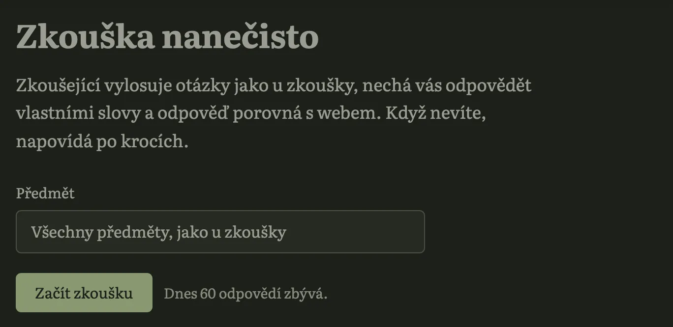Stránka Zkouška nanečisto: výběr předmětu a tlačítko Začít zkoušku