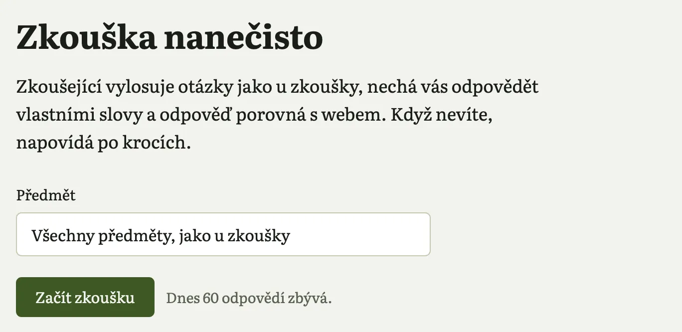 Stránka Zkouška nanečisto: výběr předmětu a tlačítko Začít zkoušku