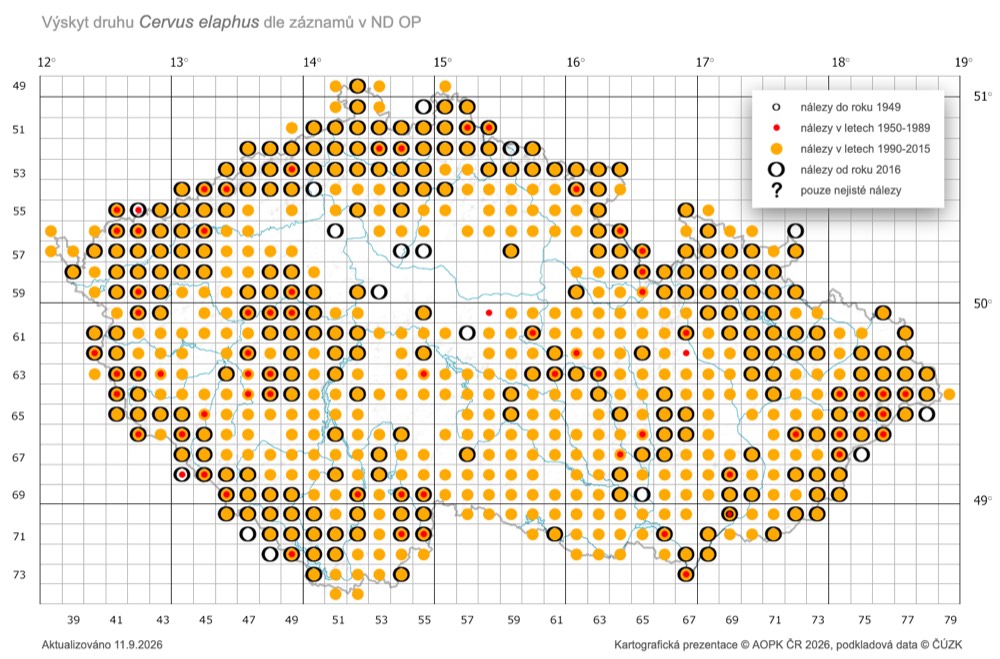 Mapa výskytu jelena evropského v České republice