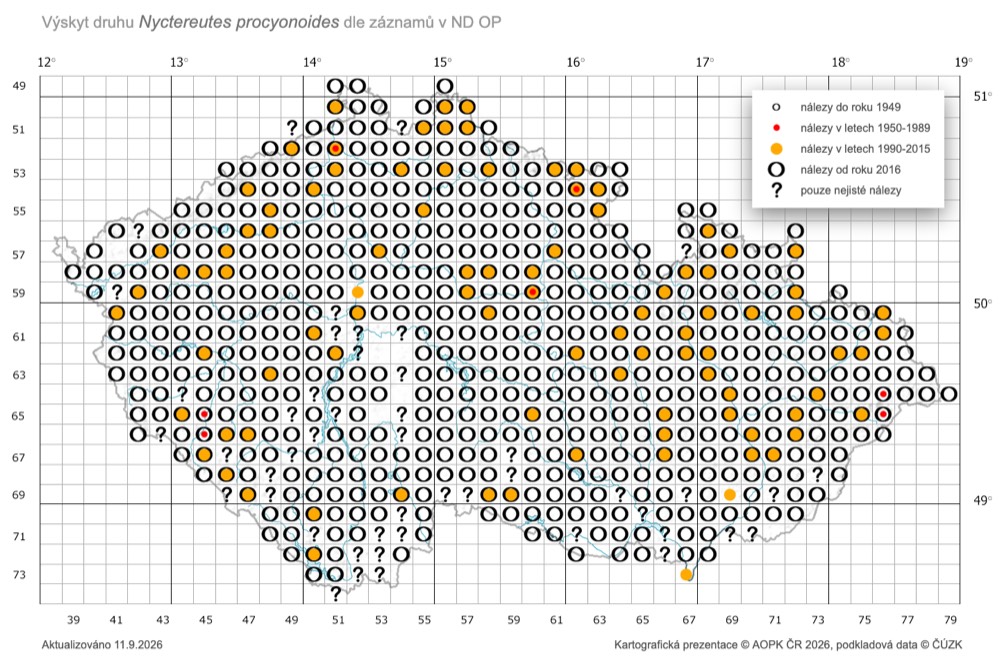 Mapa výskytu psíka mývalovitého v České republice
