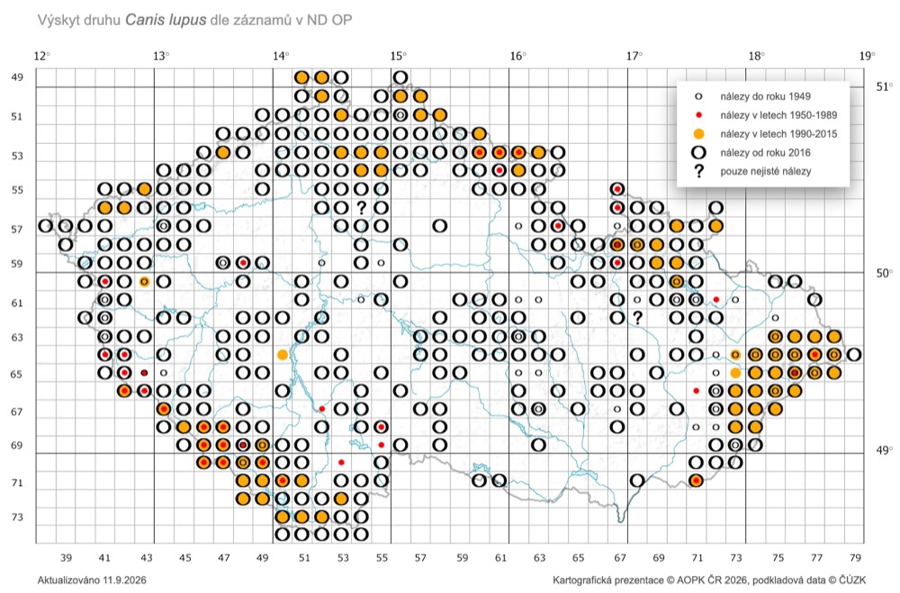 Mapa výskytu vlka obecného v České republice