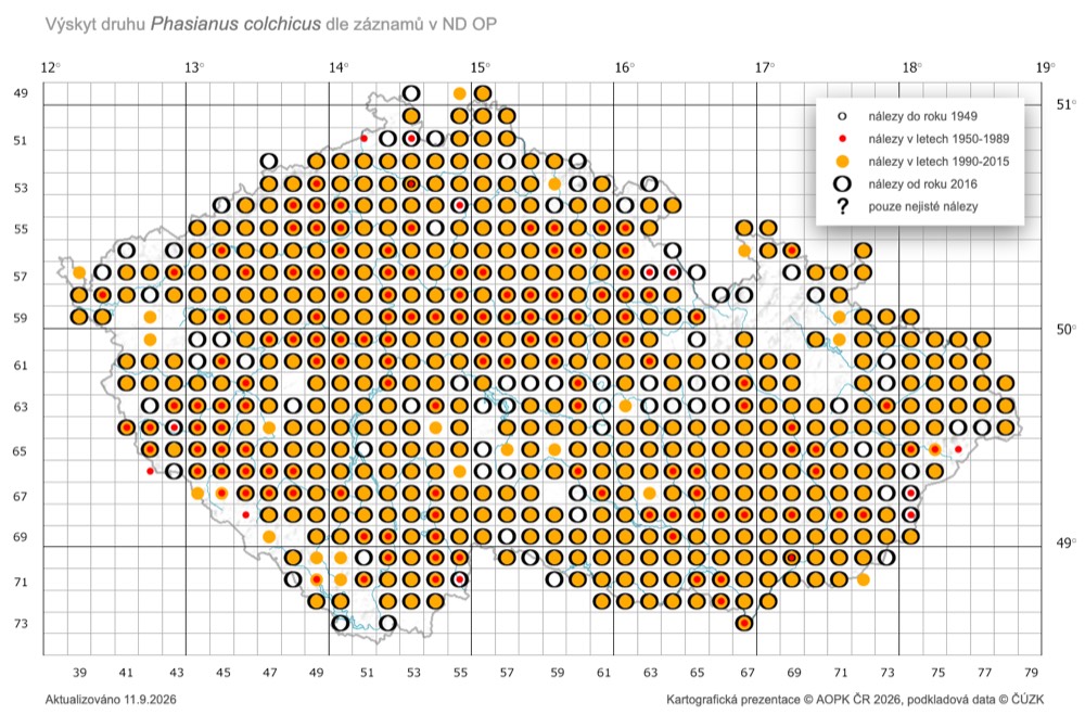 Mapa výskytu bažanta obecného v České republice