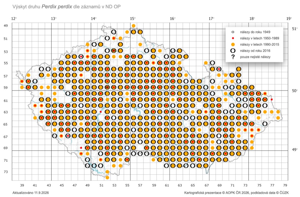 Mapa výskytu koroptve polní v České republice