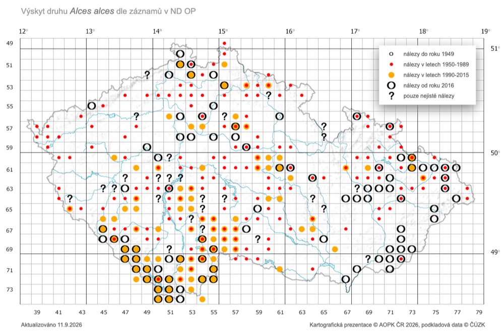 Mapa výskytu losa evropského v České republice