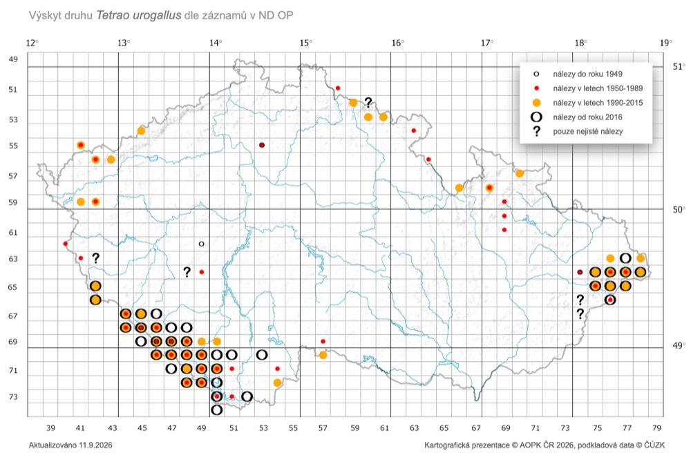 Mapa výskytu tetřeva hlušce v České republice