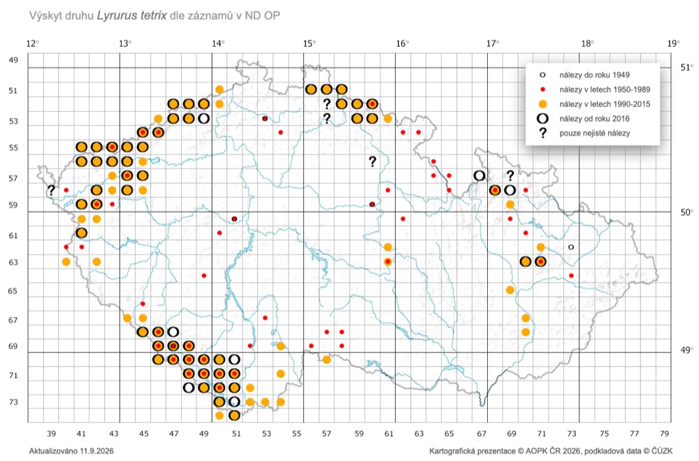 Mapa výskytu tetřívka obecného v České republice