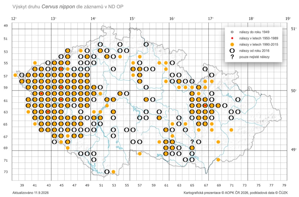 Mapa výskytu jelena siky v České republice