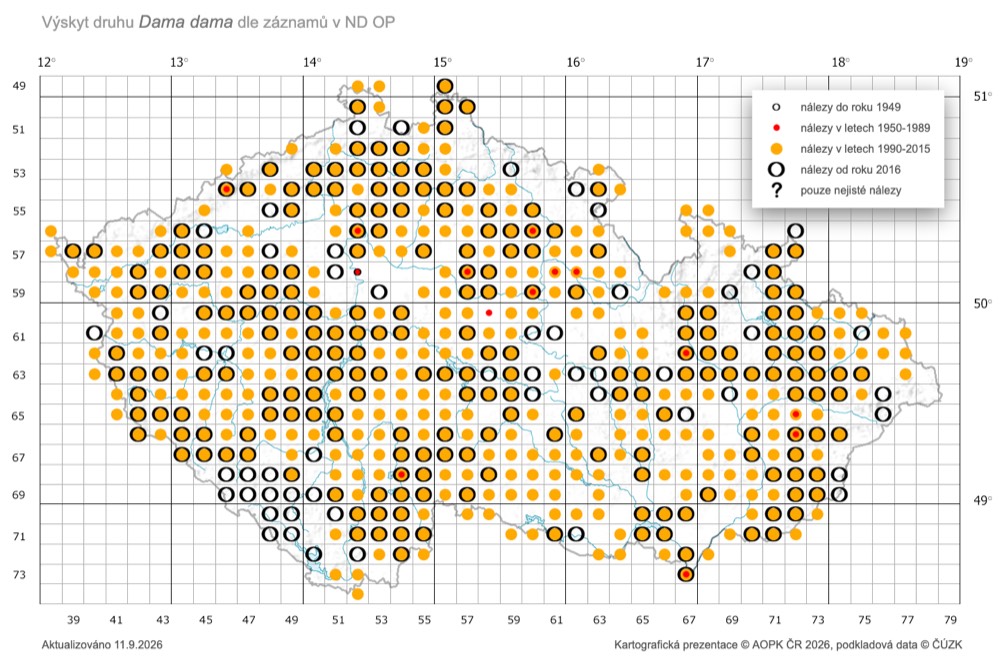 Mapa výskytu daňka skvrnitého v České republice