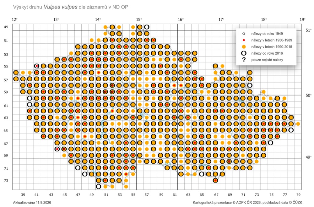 Mapa výskytu lišky obecné v České republice